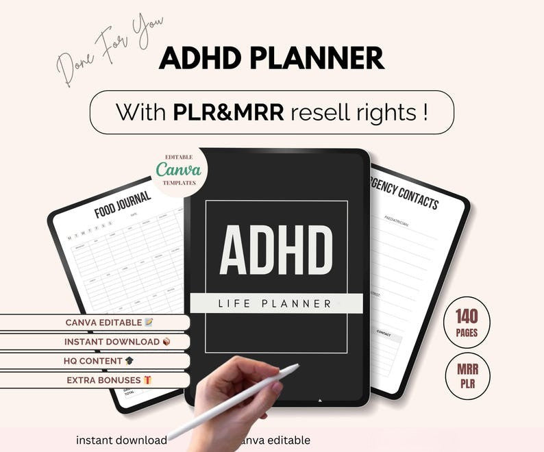 PLR ADHD Planner, Plr Planners, MRR Digital Planner, Plr Journal, Plr Digital Product, Dfy Content, Plr Notebook, Mrr Digital Products