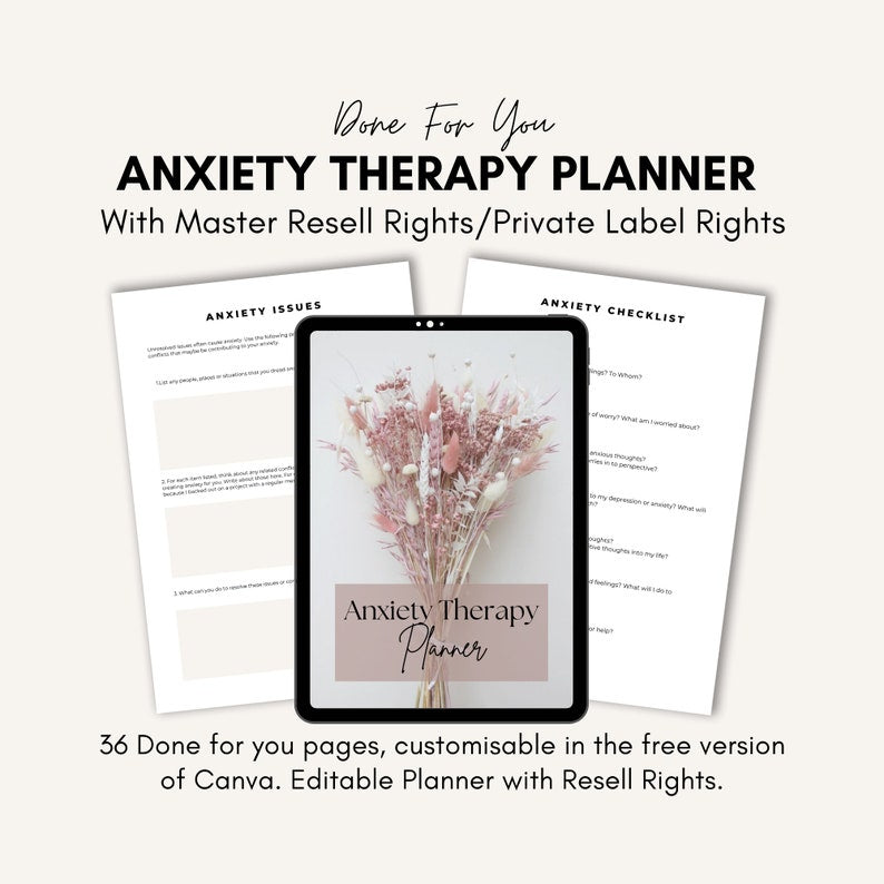 Anxiety Therapy Planner: Mental Health Journal with MRR/PLR (Canva Editable, Digital Download)