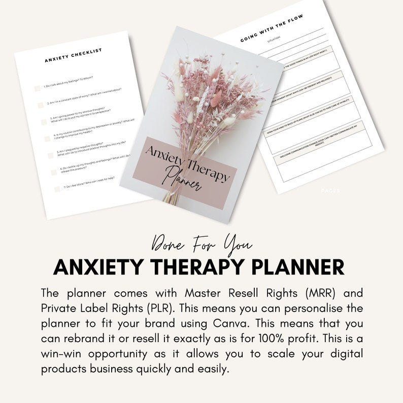 Anxiety Therapy Planner: Mental Health Journal with MRR/PLR (Canva Editable, Digital Download)