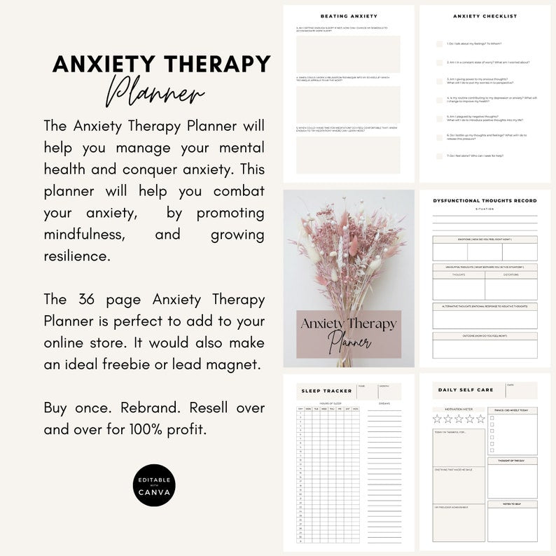 Anxiety Therapy Planner: Mental Health Journal with MRR/PLR (Canva Editable, Digital Download)