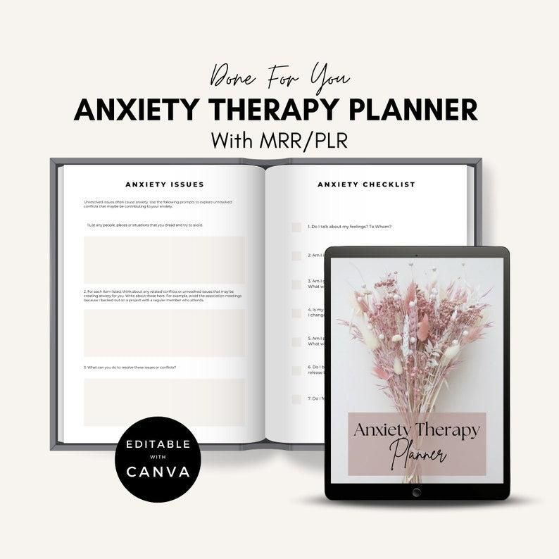 Anxiety Therapy Planner: Mental Health Journal with MRR/PLR (Canva Editable, Digital Download)