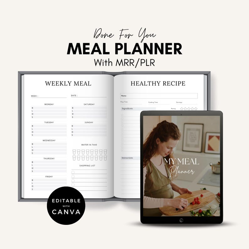 Editable Meal Planner Canva Template: PLR Resell Rights (Digital Download)