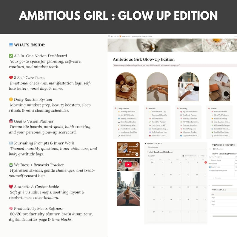 Glow-Up Edition Notion Planner: Self-Care, Goals, Routines (PLR & MRR License, Personal Use) (Digital Download)