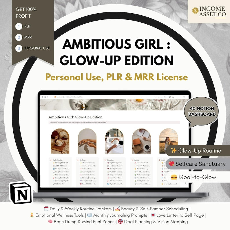 Glow-Up Edition Notion Planner: Self-Care, Goals, Routines (PLR & MRR License, Personal Use) (Digital Download)