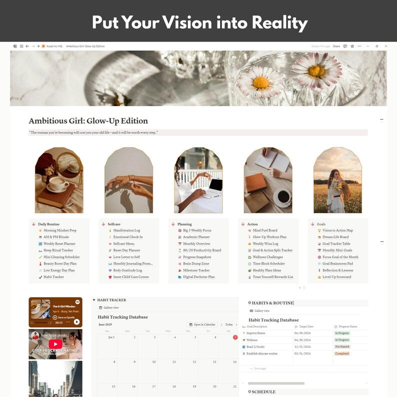 Glow-Up Edition Notion Planner: Self-Care, Goals, Routines (PLR & MRR License, Personal Use) (Digital Download)