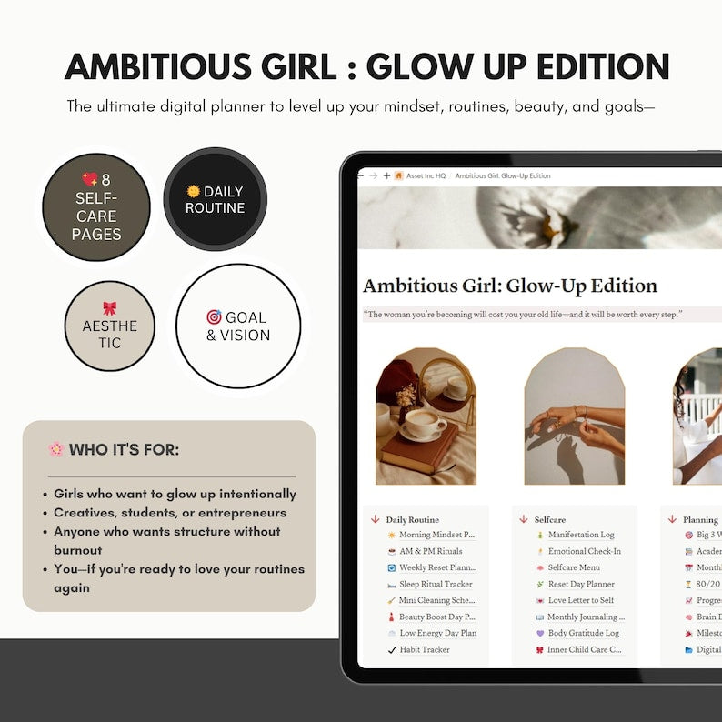Glow-Up Edition Notion Planner: Self-Care, Goals, Routines (PLR & MRR License, Personal Use) (Digital Download)