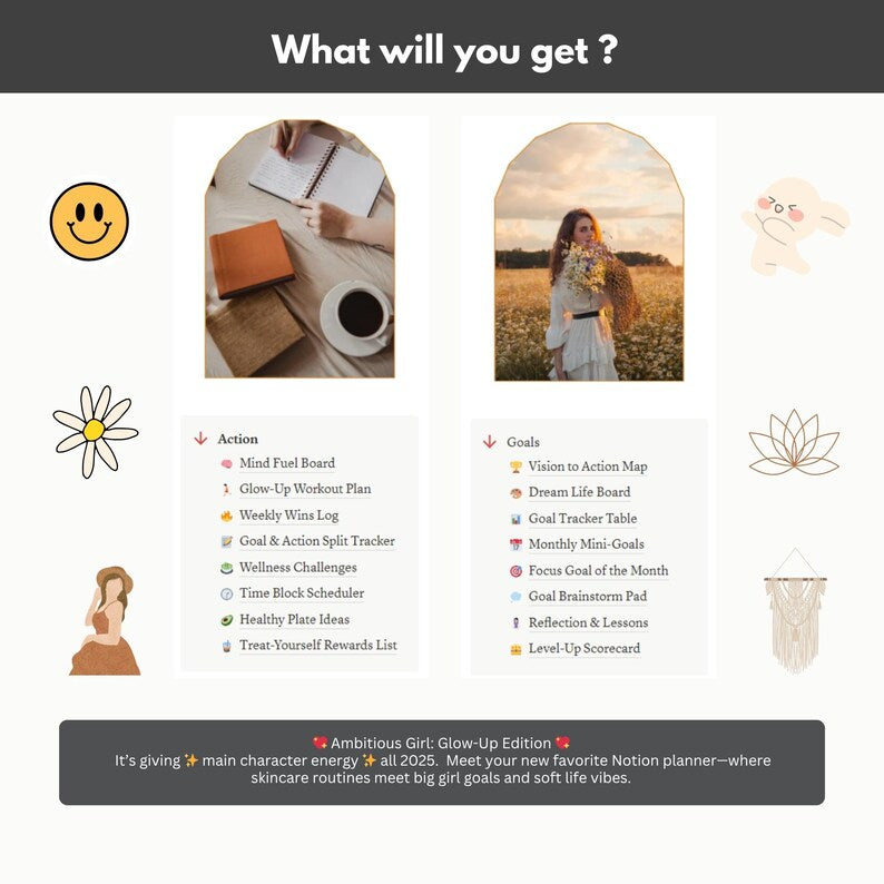 Glow-Up Edition Notion Planner: Self-Care, Goals, Routines (PLR & MRR License, Personal Use) (Digital Download)