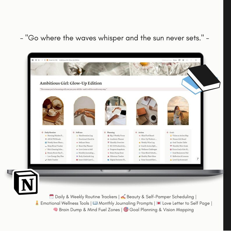Glow-Up Edition Notion Planner: Self-Care, Goals, Routines (PLR & MRR License, Personal Use) (Digital Download)
