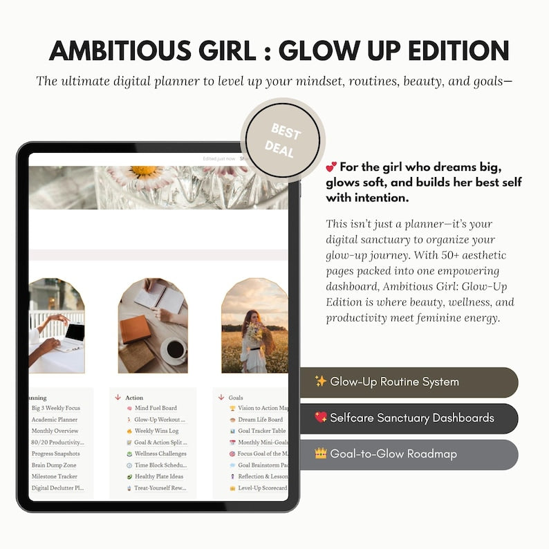 Glow-Up Edition Notion Planner: Self-Care, Goals, Routines (PLR & MRR License, Personal Use) (Digital Download)