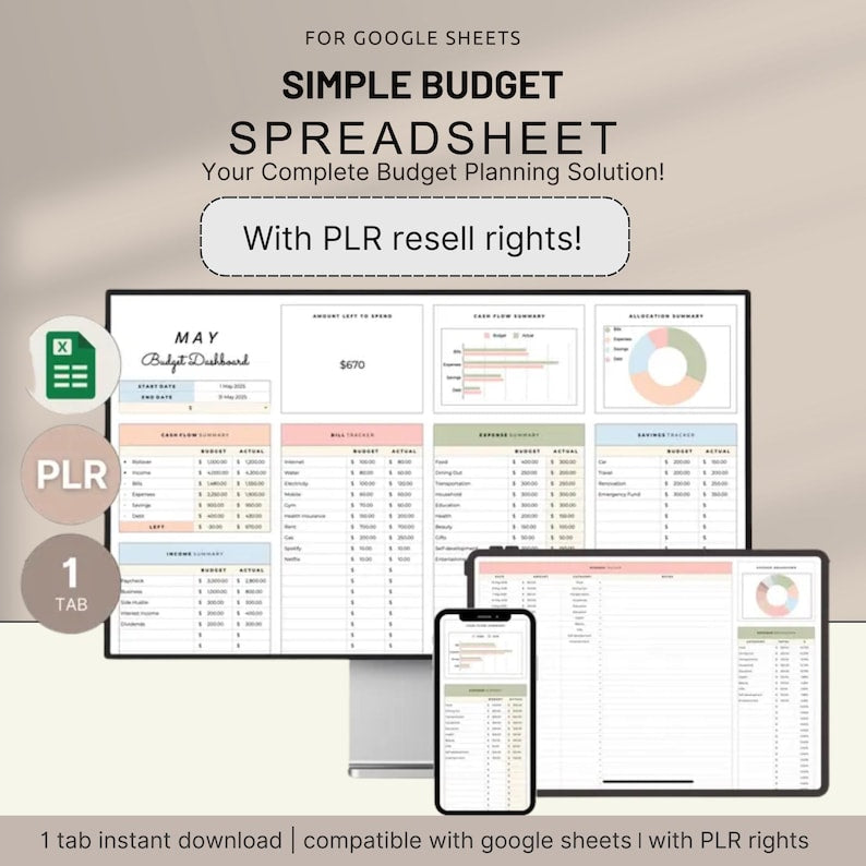 PLR Budget Spreadsheet, PLR Digital Products, PLR Templates, Google Sheets, Private Label Rights, Resell Rights, Excel Annual Budget Planner