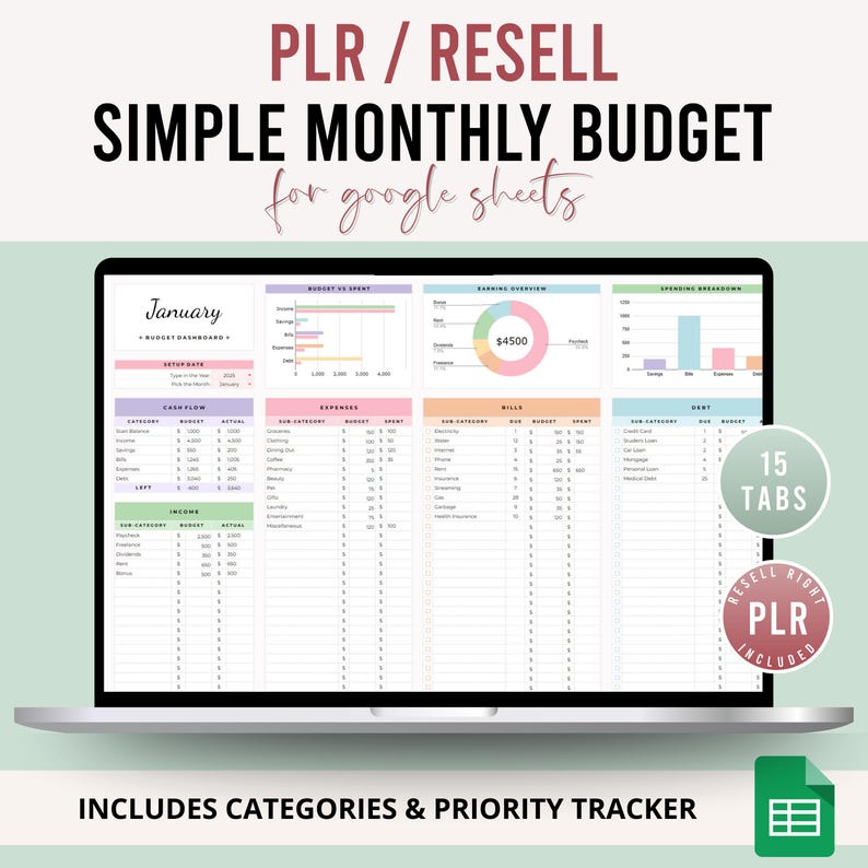 PLR Monthly Budget Spreadsheet | 15 Tab Google Sheets Budget Template | Monthly Budget Planner with Expense Tracker | Private Label Rights