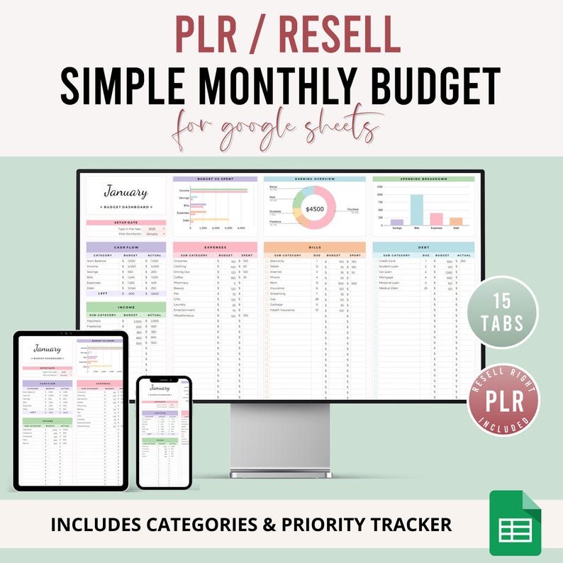 PLR Monthly Budget Spreadsheet | 15 Tab Google Sheets Budget Template | Monthly Budget Planner with Expense Tracker | Private Label Rights
