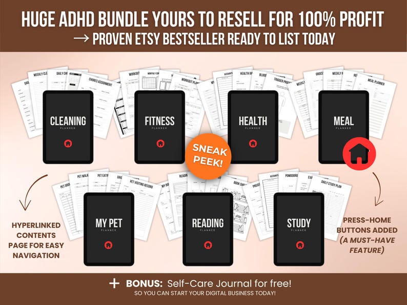 1000 ADHD Life Planner & Calendar Bundle PDF, Editable Canva Templates, Printable Productivity Journal, PLR Resell Rights