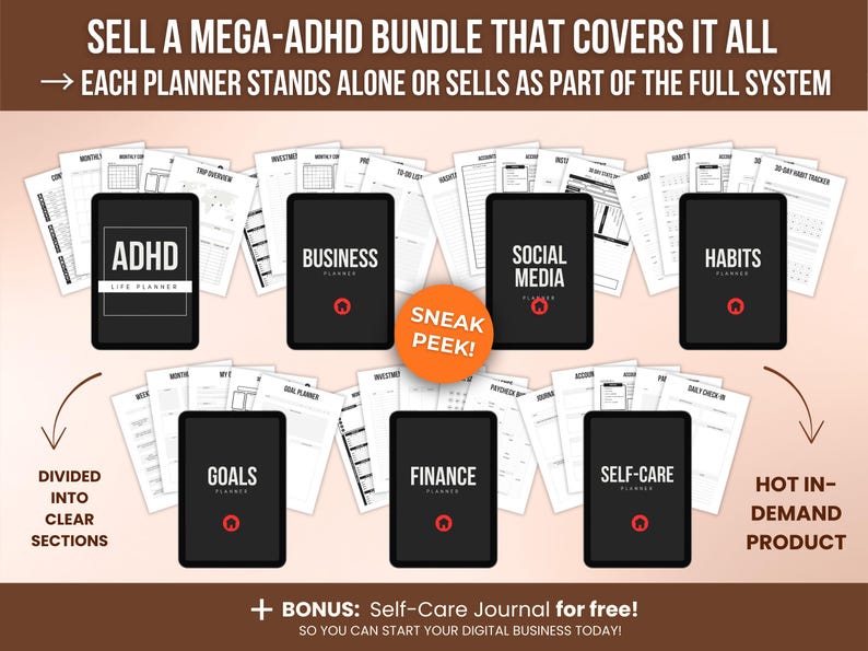 1000 ADHD Life Planner & Calendar Bundle PDF, Editable Canva Templates, Printable Productivity Journal, PLR Resell Rights