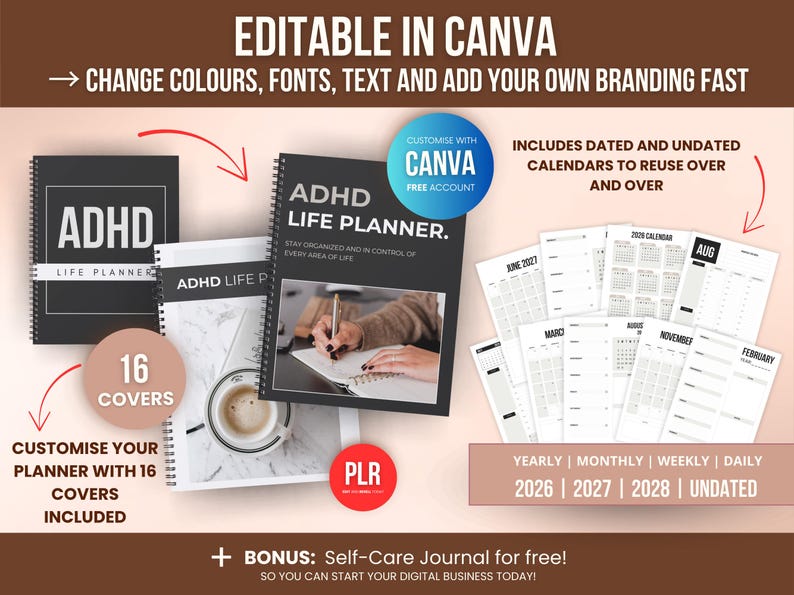 1000 ADHD Life Planner & Calendar Bundle PDF, Editable Canva Templates, Printable Productivity Journal, PLR Resell Rights