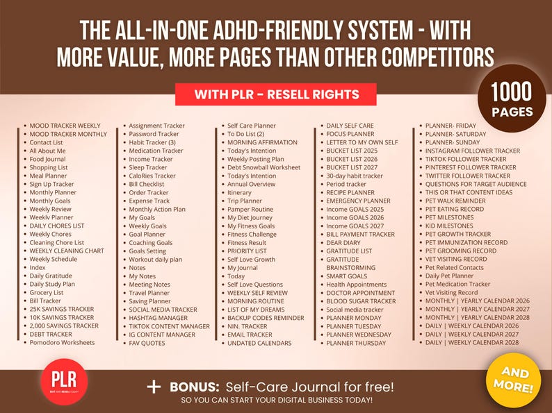 1000 ADHD Life Planner & Calendar Bundle PDF, Editable Canva Templates, Printable Productivity Journal, PLR Resell Rights