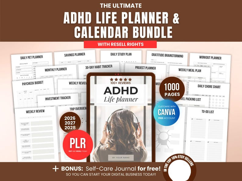 1000 ADHD Life Planner & Calendar Bundle PDF, Editable Canva Templates, Printable Productivity Journal, PLR Resell Rights