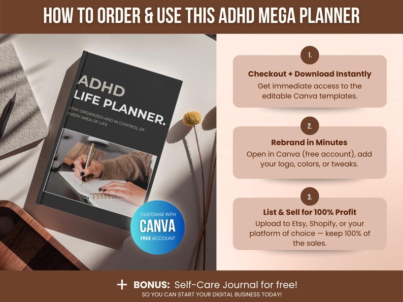 1000 ADHD Life Planner & Calendar Bundle PDF, Editable Canva Templates, Printable Productivity Journal, PLR Resell Rights