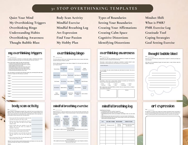 PLR Stop Overthinking Workbook, Printable and Editable Template, Commercial Use, Mindfulness Journal, Self-Care Journal, Anxiety