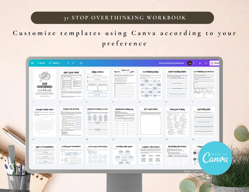 PLR Stop Overthinking Workbook, Printable and Editable Template, Commercial Use, Mindfulness Journal, Self-Care Journal, Anxiety