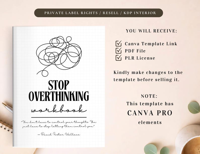 PLR Stop Overthinking Workbook, Printable and Editable Template, Commercial Use, Mindfulness Journal, Self-Care Journal, Anxiety