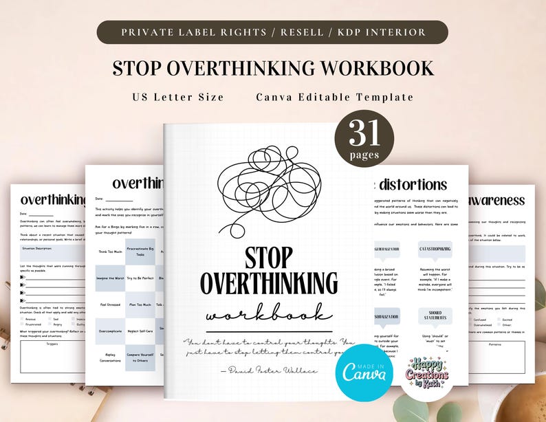 PLR Stop Overthinking Workbook, Printable and Editable Template, Commercial Use, Mindfulness Journal, Self-Care Journal, Anxiety