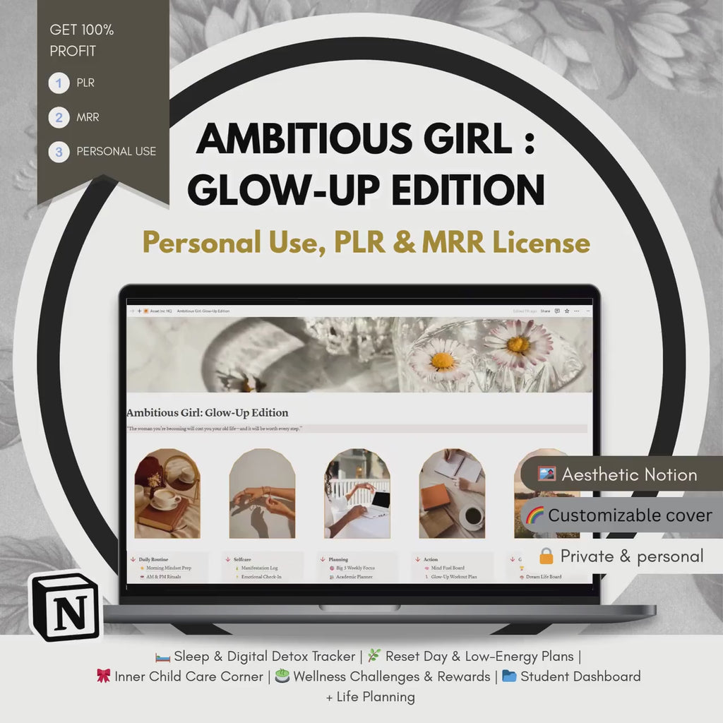 Glow-Up Edition Notion Planner: Self-Care, Goals, Routines (PLR & MRR License, Personal Use) (Digital Download)