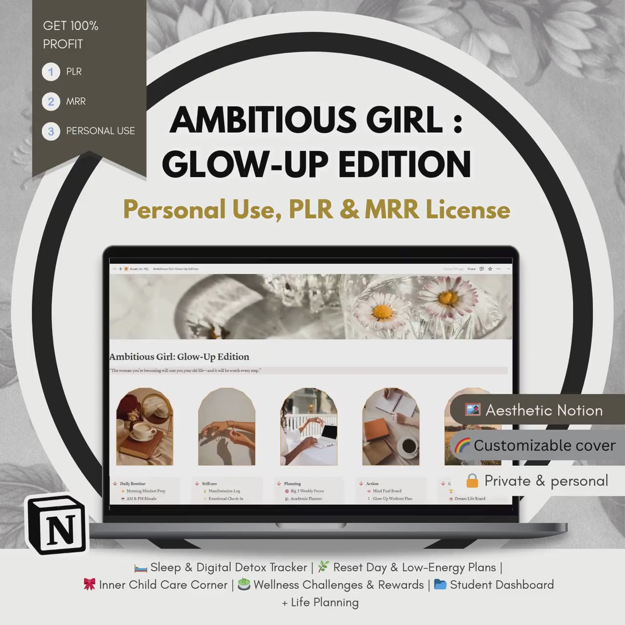 Glow-Up Edition Notion Planner: Self-Care, Goals, Routines (PLR & MRR License, Personal Use) (Digital Download)