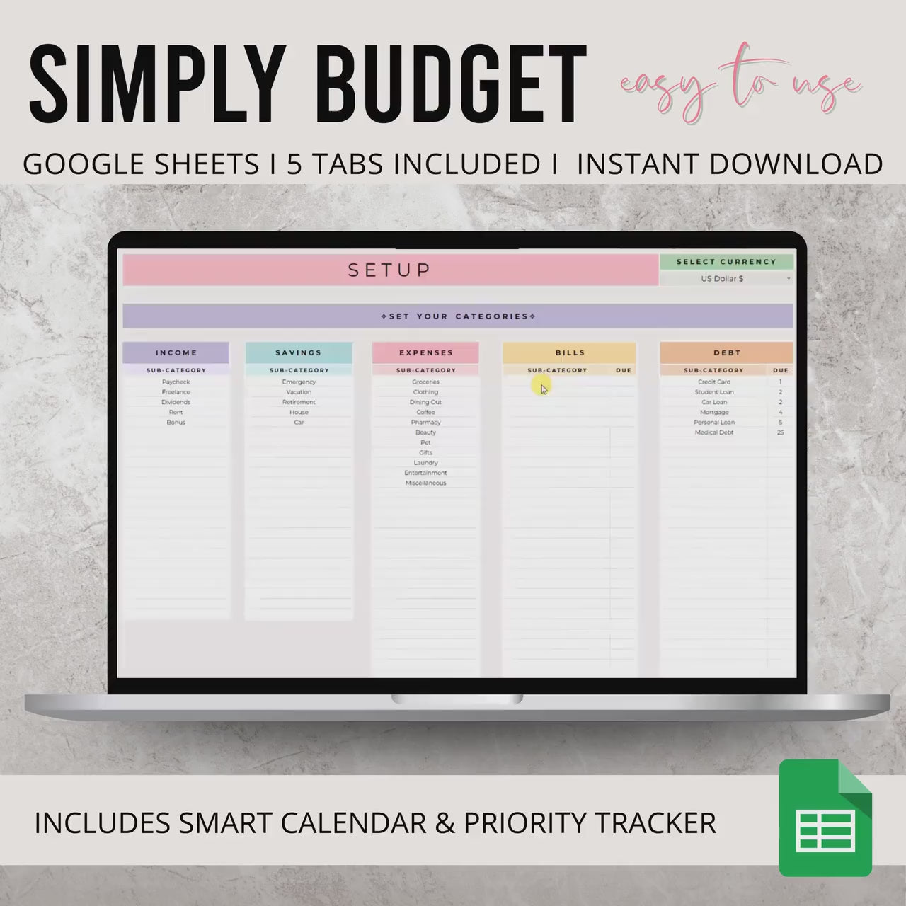 PLR Monthly Budget Spreadsheet | 15 Tab Google Sheets Budget Template | Monthly Budget Planner with Expense Tracker | Private Label Rights