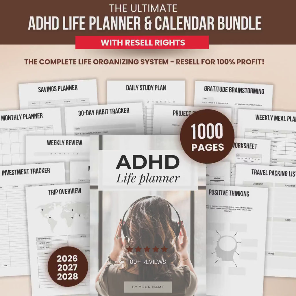 1000 ADHD Life Planner & Calendar Bundle PDF, Editable Canva Templates, Printable Productivity Journal, PLR Resell Rights